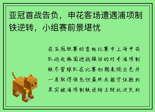 亚冠首战告负，申花客场遭遇浦项制铁逆转，小组赛前景堪忧